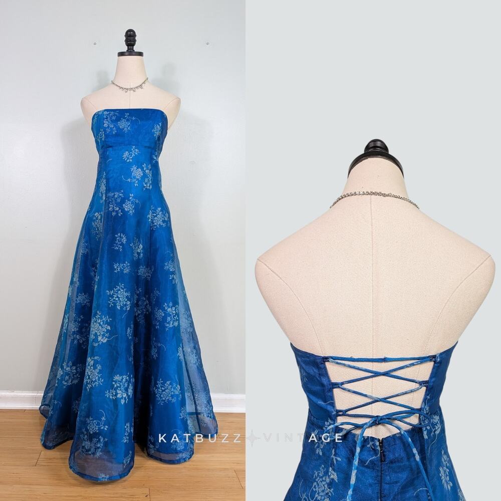 Vintage Zum Prom Dress Maxi Gown 6 Blue Corset Floral Empire Princess 90S Y2K